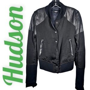 HUDSON Black Silky Quilted Varsity Bomber Jacket, Genuine Leather Trim, 34
